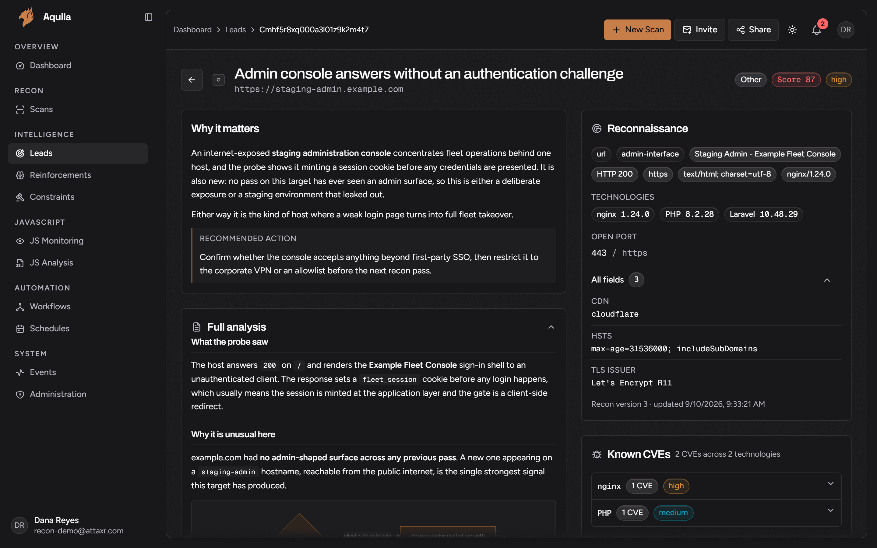 Aquila dashboard, lead detail: a ranked lead with its score, the observations that earned it, and the evidence trail from the tools that produced it